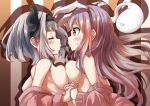  2girls :3 @_@ animal_ears bangs black_hairband blunt_bangs blush breast_press breasts brown_eyes bunny_ears bunny_girl closed_eyes clothes_pull commentary_request eyebrows_visible_through_hair food from_side hairband highres holding_hands interlocked_fingers konpaku_youmu konpaku_youmu_(ghost) long_hair long_sleeves medium_breasts multiple_girls pegashi pocky pocky_kiss profile purple_hair red_sweater reisen_udongein_inaba shadow short_hair sideboob silver_hair striped striped_background sweater sweater_pull symmetrical_docking topless touhou upper_body vertical-striped_background vertical_stripes yuri 