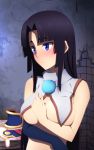  1girl arm_across_waist armor_removed bangs barefoot black_gloves black_hair blue_eyes blush breasts closed_mouth commentary_request elbow_gloves embarrassed fate/grand_order fate_(series) frown gloves hand_on_own_chest highres indoors large_breasts long_hair looking_away parted_bangs pom_pom_(clothes) revealing_clothes shadowsoforacle side_ponytail single_glove solo table upper_body ushiwakamaru_(fate/grand_order) 