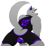  2019 alpha_channel anthro assless balls blush butt canid canine canis clothed clothing digital_media_(artwork) fur hair male mammal muscular notkastar overalls pouch_(disambiguation) presenting signature spikes text wolf zatch_(character) 
