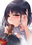  1girl bangs black_hair blush breasts brown_hair button_gap cleavage commentary dress_shirt eyebrows_visible_through_hair fingernails food food_in_mouth full_mouth gao_(gaolukchup) hair_tucking half-closed_eyes hand_up heart highres holding holding_food looking_at_viewer medium_breasts original pocky pocky_day saliva school_uniform sexually_suggestive shirt solo too_many_in_mouth upper_body white_background white_shirt 