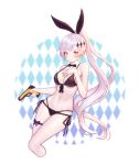  1girl argyle argyle_background bare_arms bare_shoulders bikini black_bikini black_ribbon bow bowtie breasts cleavage collarbone cropped_legs detached_collar finger_on_trigger five-seven_(girls_frontline) five-seven_(gun) front-tie_bikini front-tie_top girls_frontline gun hair_ornament hair_ribbon hand_on_own_chest handgun highres holding holding_gun holding_weapon large_breasts leg_ribbon long_hair looking_at_viewer multi-strapped_bikini navel ponytail ribbon side-tie_bikini silver_hair siun solo stomach swimsuit thighs very_long_hair weapon yellow_eyes 