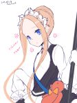  1girl :o abigail_williams_(fate/grand_order) bangs black_dress blonde_hair blue_eyes blush braid butterfly_hair_ornament commentary_request dated dress eyebrows_visible_through_hair fate/grand_order fate_(series) forehead hair_bun hair_ornament heroic_spirit_festival_outfit holding kuzumochi_(kuzumochiya) long_hair long_sleeves parted_bangs parted_lips shirt sidelocks signature simple_background sleeveless sleeveless_dress sleeves_past_fingers sleeves_past_wrists solo stuffed_animal stuffed_toy teddy_bear translated very_long_hair white_background white_shirt 