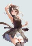  1girl :3 animal_ear_fluff animal_ears arm_up bag bare_arms bare_shoulders bell black_collar blush breasts brown_dress brown_hair brown_legwear cat_ears cat_girl cat_tail closed_mouth collar commentary_request dress fang fang_out fingernails grey_background hair_ornament hairclip handbag heart highres jingle_bell nail_polish original red_eyes red_nails saraki shoulder_bag simple_background sleeveless sleeveless_dress small_breasts solo tail thighhighs 