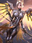 1girl artist_name backlighting blonde_hair blue_eyes blurry blurry_background blurry_foreground blush bodysuit breasts cloud cloudy_sky dutch_angle english_commentary gloves glowing glowing_wings highres holding holding_staff large_breasts liang_xing lips looking_at_viewer mechanical_halo mechanical_wings mercy_(overwatch) nose outdoors overwatch_2 pelvic_curtain pink_lips short_hair signature sky solo spread_wings staff watermark web_address white_bodysuit wings yellow_wings 