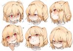  1girl :d anger_vein bags_under_eyes bangs blonde_hair blush commentary crying crying_with_eyes_open expressions eyebrows_visible_through_hair fang flandre_scarlet gotoh510 hair_between_eyes hand_up head_tilt heart highres looking_at_viewer multiple_views no_hat no_headwear one_side_up open_mouth pointy_ears red_eyes short_hair sidelocks simple_background smile symbol_commentary tears touhou v-shaped_eyebrows white_background 