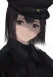  1girl akitsu_maru_(kantai_collection) black_coat black_eyes black_hair close-up hat highres hometa kantai_collection looking_at_viewer military military_uniform pale_skin peaked_cap short_hair simple_background smile solo uniform upper_body white_background 