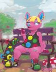  2019 absurd_res animal_crossing anthro bandage blonde_hair blue_eyes bottomless breasts casual_exposure cervid cigarette clothed clothing digital_media_(artwork) exposed eyelashes female footwear fuchsia_(animal_crossing) hair hi_res looking_at_viewer mammal nintendo open_mouth outside pink_body pussy rain420 sitting skateboard smoking solo topwear video_games 