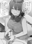  1girl bangs bare_arms bare_shoulders blurry blurry_background blush breasts choker commentary_request controller depth_of_field eyebrows_behind_hair game_controller greyscale grin hair_between_eyes headphones headphones_around_neck highres holding large_breasts looking_at_viewer monochrome original ryouma_(galley) shirt short_shorts shorts sitting sleeveless sleeveless_shirt smile solo table translation_request 