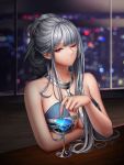  1girl absurdres ak-12_(girls_frontline) alternate_costume artist_name bangs bare_shoulders blue_dress blurry blurry_background breasts city_lights cleavage closed_mouth cocktail_dress cocktail_glass cup dress drinking_glass elbow_rest eyebrows_visible_through_hair girls_frontline glint halter_dress highres indoors jewelry long_hair looking_at_viewer medium_breasts necklace one_eye_closed purple_eyes sidelocks silver_hair sitting sleeveless smile solo torrentduck window 