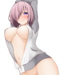  1girl arms_up blush breasts cleavage closed_mouth fate/grand_order fate_(series) from_below grey_jacket hair_over_one_eye hinata_masaki jacket large_breasts long_sleeves looking_at_viewer looking_down mash_kyrielight naked_coat navel no_bra no_panties open_clothes open_jacket out-of-frame_censoring partially_unzipped pink_hair purple_eyes short_hair simple_background smile solo track_jacket white_background zipper_pull_tab 