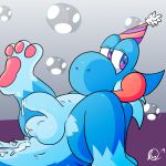  1:1 2019 anthro balls birthday blue_body blue_eyes blue_fur bodily_fluids bubble clothing contimplatininspiratio cum cum_on_balls cum_on_fur cum_on_self digital_media_(artwork) dinosaur fur genital_fluids half-erect hat headgear headwear hi_res humanoid_penis hybrid lighty_marteniz lizard looking_at_viewer male mario_bros multicolored_eyes nintendo nude party_hat paws penis pink_eyes reptile scalie simple_background solo tongue two_tone_eyes uncut video_games yoshi 