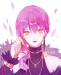  1girl absurdres evelynn fingernails highres jewelry k/da_(league_of_legends) k/da_evelynn league_of_legends lipstick long_fingernails looking_at_viewer makeup misononeko necklace purple_hair white_background yellow_eyes 