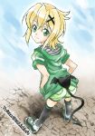  1girl akatsuki_kirika ass blonde_hair closed_mouth green_eyes hair_ornament link_(aa30) looking_at_viewer senki_zesshou_symphogear short_hair smile solo striped thighhighs x_hair_ornament 