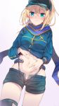  1girl ahoge artoria_pendragon_(all) bangs baseball_cap black_headwear black_legwear blonde_hair blue_eyes blue_jacket blue_scarf blue_shorts blush breasts closed_mouth commentary_request eyebrows_visible_through_hair fate/grand_order fate_(series) hair_between_eyes hair_through_headwear hat high_ponytail highres jacket long_hair long_sleeves looking_at_viewer medium_breasts mysterious_heroine_x navel open_clothes open_fly open_shorts ponytail scarf short_shorts shorts simple_background solo stomach sweat thighhighs tomozero track_jacket wavy_mouth white_background 
