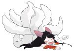  2018 ahri_(lol) animal_humanoid black_hair canid canid_humanoid canine canine_humanoid facial_markings fox_humanoid hair hamze head_markings hi_res humanoid league_of_legends lying mammal mammal_humanoid markings multi_tail open_mouth riot_games simple_background sleeping solo video_games white_background 