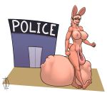  2019 4_toes 5_fingers animal_genitalia anthro areola balls big_balls blonde_hair breasts cock_vore digital_media_(artwork) fingers freckles_(artist) grin gynomorph hair huge_balls hyper hyper_balls intersex lagomorph leporid lo mammal nipples nude penile penis post_vore rabbit red_eyes sheath short_hair signature smile solo toes vore 