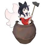  2018 ahri_(lol) animal_humanoid black_hair bodily_fluids breasts canid canid_humanoid canine canine_humanoid cauldron cleavage clothed clothing facial_markings female fox_humanoid getting_over_it_with_bennett_foddy hair hammer hamze head_markings hi_res humanoid league_of_legends mammal mammal_humanoid markings multi_tail riot_games scared simple_background solo sweat sweatdrop tools video_games white_background yellow_eyes 