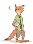  anthro barefoot bottomwear brown_body brown_fur canid canine cheek_tuft clothed clothing disney face_tuft fox fully_clothed fur green_eyes mammal necktie nick_wilde pants plushie red_fox shirt simple_background smile solo standing topwear tuft white_background zootopia うあさ 