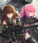  2girls aircraft ar-15 arm_strap assault_rifle asymmetrical_pants baek_hyang bangs black_gloves black_pants blue_eyes breasts brown_eyes brown_hair ch-53 city close-up closed_mouth cloud cloudy_sky commentary_request detached_sleeves dual_wielding finger_on_trigger floating_hair gas_mask girls_frontline glint gloves green_hair green_sweater gun hair_between_eyes helicopter highres holding holding_gun holding_weapon jacket long_hair looking_at_viewer m4_carbine m4a1_(girls_frontline) magazine_(weapon) mod3_(girls_frontline) multicolored_hair multiple_girls open_mouth outdoors pants pink_hair ponytail pouch ribbed_sweater rifle running sidelocks sky snap-fit_buckle st_ar-15_(girls_frontline) streaked_hair suppressor sweater sweater_vest thigh_strap weapon weapon_bag wind 
