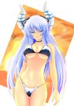  1girl absurdres bikini blue_eyes blue_hair breasts cleavage collarbone cundodeviant hair_ornament highres horn kiseijou_rei_(goddess_form) large_breasts long_hair navel neptune_(series) smile solo swimsuit transformation watermark 