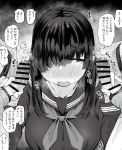  1girl 2boys bangs bar_censor blush censored commentary_request double_handjob erection foreskin greyscale group_sex hair_over_one_eye handjob long_hair long_sleeves mmf_threesome monochrome multiple_boys neckerchief open_mouth original penis phimosis precum reinoenu_(anon) school_uniform solo_focus speech_bubble threesome translation_request 