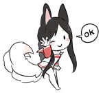  2015 ahri_(lol) animal_humanoid black_hair blush breasts canid canid_humanoid canine canine_humanoid chibi dialogue facial_markings female fox_humanoid gesture hair hamze head_markings humanoid league_of_legends low_res mammal mammal_humanoid markings multi_tail ok_sign one_eye_closed riot_games smile solo standing video_games 