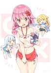  3girls :d bare_arms bare_shoulders barefoot black_shorts blonde_hair blue_scarf blue_shorts blush braid camisole character_request chibi chinese_commentary commentary_request flower hair_flower hair_ornament halter_top halterneck hatsunatsu highres holding long_hair midriff minigirl multiple_girls navel notice_lines open_mouth pink_hair red_eyes red_flower red_shorts scarf sergestid_shrimp_in_tungkang short_shorts shorts silver_hair smile sweat thighhighs very_long_hair wavy_mouth white_camisole white_legwear xuan_ying ||_|| 