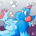  1:1 2019 anthro balls birthday blue_body blue_eyes blue_fur bubble clothing contimplatininspiratio digital_media_(artwork) dinosaur fur half-erect hat headgear headwear hi_res humanoid_penis hybrid lighty_marteniz lizard looking_at_viewer male mario_bros masturbation multicolored_eyes nintendo nude party_hat paws penile penile_masturbation penis pink_eyes reptile scalie simple_background solo tongue two_tone_eyes uncut video_games yoshi 