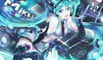  119 1girl :d absurdly_long_hair black_gloves black_legwear black_neckwear blue_eyes blue_hair breasts collared_shirt elbow_gloves floating_hair gloves grey_shirt grey_skirt hatsune_miku highres long_hair looking_at_viewer medium_breasts midriff miniskirt navel open_mouth pleated_skirt shiny shiny_hair shirt sideboob skirt sleeveless sleeveless_shirt smile solo stomach thighhighs very_long_hair vocaloid wing_collar zettai_ryouiki 