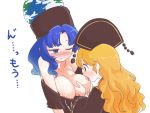  2girls bangs bare_shoulders black_dress black_shirt blonde_hair blue_eyes blue_hair blush breast_sucking breasts collarbone dress earth_(ornament) eyebrows_visible_through_hair headdress hecatia_lapislazuli hecatia_lapislazuli_(earth) itatatata junko_(touhou) large_breasts long_hair long_sleeves looking_at_another multiple_girls nipples nose_blush off-shoulder_shirt off_shoulder one_eye_closed polos_crown shirt short_sleeves simple_background tabard tassel touhou translation_request upper_body white_background wide_sleeves yuri 