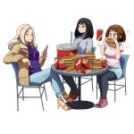  3girls black_legwear boku_no_hero_academia brown_eyes brown_hair denim felipe_godoy food hamburger highres jacket jeans kodai_yui multiple_girls pants shoes short_hair skirt uraraka_ochako 