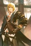  1boy bangs belt black_belt black_coat black_pants blonde_hair blurry blurry_background bracelet brown_gloves brown_jacket closed_mouth cloud cloudy_sky coat cowboy_shot dress_shirt eizen_(tales) frown gloves green_eyes hair_between_eyes hand_on_hip isa_(peien516) jacket jewelry male_focus open_clothes open_coat outdoors pants ship shirt sky solo standing tales_of_(series) tales_of_berseria watercraft white_shirt 