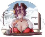 alcohol azur_lane breasts breath cleavage cup fingernails food hair_ornament heart heart-shaped_pupils highres horns izumo_(azur_lane) izumo_(thousand_towering_cherry_blossoms)_(azur_lane) jewelry makeup necklace pointy_ears purple_hair red_eyes ring roosterf2p sakazuki sake snow symbol-shaped_pupils tatami tree winter 
