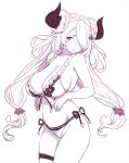  1girl blush braid breasts cleavage draph granblue_fantasy hair_ornament hair_over_one_eye horns houtengeki large_breasts long_hair looking_at_viewer low_tied_hair monochrome narmaya_(granblue_fantasy) navel pointy_ears purple_eyes simple_background solo spot_color standing thigh_strap twin_braids very_long_hair white_background 