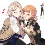  2boys 2girls annette_fantine_dominic black_hair blonde_hair blush boots bow closed_eyes commentary_request epaulettes faceless faceless_male felix_hugo_fraldarius fire_emblem fire_emblem:_three_houses food garreg_mach_monastery_uniform hair_bow highres knee_boots long_hair long_sleeves low_ponytail mercedes_von_martritz multiple_boys multiple_girls open_mouth orange_hair pocky pocky_day pocky_kiss red_hair short_hair simple_background sylvain_jose_gautier twintails uniform white_background yappen yuri 