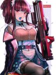  1girl artist_name bangs black_legwear blush breasts bullpup candy danielle_brindle eyebrows_visible_through_hair food girls_frontline gun hair_ribbon highres holding holding_gun holding_weapon jacket lace lace-trimmed_legwear large_breasts lollipop long_hair looking_at_viewer maid_headdress mouth_hold multiple_piercings off_shoulder one_side_up open_mouth purple_hair purple_jacket red_eyes red_nails ribbon rifle sitting skirt sniper_rifle solo thighhighs wa2000_(girls_frontline) walther walther_wa_2000 weapon 