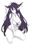  1girl antenna_hair bandaged_arm bandages bare_shoulders bikini breasts cleavage crescent danua draph front-tie_bikini front-tie_top granblue_fantasy hair_between_eyes halter_top halterneck horn_ornament horns houtengeki jewelry large_breasts long_hair looking_at_viewer necklace pointy_ears purple_hair red_eyes side-tie_bikini simple_background solo spot_color swimsuit white_background 
