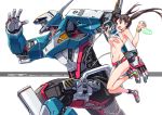  1girl abs ankle_boots armpits bikini black_hair boots breasts fanny_pack gun large_breasts long_hair mecha navel open_mouth original red_eyes robot running simple_background star star_print suzutsuki_kurara swimsuit twintails watch weapon wristwatch 