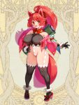  1girl animal_ears breasts covered_navel covered_nipples curvy dairoku_youhei eyebrows_visible_through_hair fang full_body hand_on_hip high_heels high_ponytail huge_breasts official_art open_mouth red_eyes red_hair revealing_clothes ryoji_(nomura_ryouji) sandals scroll see-through solo tail thighhighs white_hair 