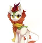  2019 asian_mythology autumn_blaze_(mlp) butt chinese_mythology east_asian_mythology female feral friendship_is_magic hi_res kirin looking_at_viewer my_little_pony mythology ravensunart scarf simple_background smile solo white_background 