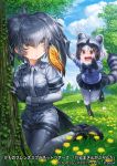  2girls :d animal_ears arm_up bangs belt bird_tail black_bow black_footwear black_gloves black_hair black_neckwear black_skirt blue_sweater bodystocking bow bowtie breast_pocket brown_eyes bug butterfly chibi closed_mouth collared_shirt common_raccoon_(kemono_friends) company_name copyright day expressionless extra_ears eyebrows_visible_through_hair fang fingerless_gloves flower fur_collar gloves grass green_eyes grey_hair grey_neckwear grey_shirt grey_shorts hair_between_eyes hand_up insect kemono_friends kneeling lain long_hair long_sleeves looking_at_another low_ponytail medium_hair miniskirt multicolored_hair multiple_girls necktie open_mouth orange_hair outdoors outstretched_arms pocket raccoon_ears raccoon_tail running shirt shoebill_(kemono_friends) shoes short_over_long_sleeves short_sleeve_sweater short_sleeves shorts side_ponytail sidelocks skirt smile striped striped_tail sweater tail tree white_hair wing_collar 