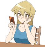  1girl blonde_hair blue_shirt brown_eyes card closed_mouth collarbone eyebrows_visible_through_hair hair_between_eyes head_rest holding holding_card long_hair rourou_ill shiny shiny_hair shiny_skin shirt simple_background sketch sleeveless sleeveless_shirt smile solo straight_hair tenjouin_asuka upper_body very_long_hair white_background yuu-gi-ou yuu-gi-ou_gx 