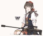  1girl bangs blush brown_eyes brown_hair character_name dated dress eyebrows_visible_through_hair girls_frontline gloves grey_gloves gun headband kawashina_(momen_silicon) long_hair open_mouth ponytail ribbon rifle shirt sidelocks simple_background sitting solo weapon white_shirt zvi_falcon_(girls_frontline) 