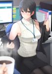  1boy 1girl bangs bare_shoulders black_hair black_jacket black_legwear black_skirt blurry blurry_background blush book breasts chair closed_mouth coffee coffee_mug cup depth_of_field giba_(out-low) highres holding holding_cup id_card indoors jacket keyboard_(computer) large_breasts light_frown long_hair long_sleeves looking_back monitor mug off_shoulder office_chair office_lady open_clothes open_jacket original pantyhose pencil_skirt pov purple_eyes sitting skirt smartphone_case solo_focus steam sweater_vest table undressing 