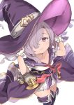  1girl arms_up bangs breasts cleavage closed_mouth collarbone commentary_request eyebrows_visible_through_hair feff672166 gloves granblue_fantasy hair_over_one_eye hands_on_headwear harvin hat highres long_hair looking_at_viewer nio_(granblue_fantasy) pleated_skirt purple_hair purple_headwear purple_legwear purple_sailor_collar red_eyes red_neckwear sailor_collar school_uniform serafuku shirt simple_background skirt small_breasts solo thighhighs very_long_hair white_background white_gloves white_shirt white_skirt witch_hat 