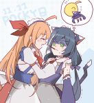  2girls :d ^_^ ahoge animal_ears bangs black_hair blush_stickers braid breasts brown_hair brown_skirt cat_ears cat_girl cat_tail closed_eyes closed_mouth commentary_request dated eyebrows_visible_through_hair food food_in_mouth green_eyes grey_apron hair_ribbon hands_on_another&#039;s_shoulders imagining kyaru_(princess_connect) long_hair long_sleeves low_twintails medium_breasts mouth_hold multicolored_hair multiple_girls open_mouth pecorine pocky pocky_day princess_connect! princess_connect!_re:dive profile puffy_short_sleeves puffy_sleeves purple_skirt red_ribbon ribbon shadowsinking shirt short_over_long_sleeves short_sleeves skirt smile streaked_hair suspender_skirt suspenders tail thought_bubble trembling turn_pale twintails very_long_hair wavy_mouth white_hair white_shirt 