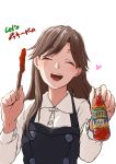  1girl arashio_(kantai_collection) bangs blush brown_hair buttons closed_eyes dress eyebrows_visible_through_hair food heart highres holding hot_sauce kantai_collection long_hair long_sleeves open_mouth pinafore_dress pocky pocky_day rakisuto remodel_(kantai_collection) sauce shirt simple_background sleeveless sleeveless_dress solo upper_body white_background white_shirt 