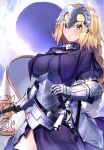  1girl armor armored_dress bangs blonde_hair blue_eyes blue_sky blush braid breasts chain fate/apocrypha fate_(series) faulds flag gauntlets headpiece highres jeanne_d&#039;arc_(fate) jeanne_d&#039;arc_(fate)_(all) large_breasts long_braid long_hair looking_at_viewer ninoude_(ninoude44) plackart sheath single_braid sky smile solo sword very_long_hair weapon 