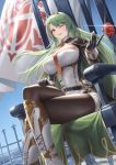  1girl azur_lane black_gloves boots breasts brown_legwear cape commentary_request crossed_legs cuboon dutch_angle flag floating_hair flower gloves gold_trim green_hair holding holding_flower knee_boots large_breasts littorio_(azur_lane) long_hair long_sleeves looking_at_viewer multicolored_hair necktie one_eye_closed orange_eyes pantyhose parted_lips red_flower red_neckwear rose sitting smile solo streaked_hair throne tiara twitter_username white_footwear 