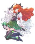  1girl black_gloves boots bow curly_hair freckles gloves glowing green_eyes hair_bow highres iesupa long_hair neon_trim orange_hair penny_polendina rwby skirt solo thigh_boots thighhighs 